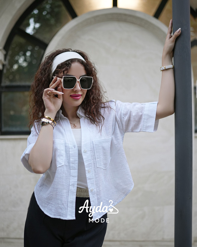 شومیز زنانه ترک برند بیسئو آستین کوتاه مدل دو جیب رنگ سفید